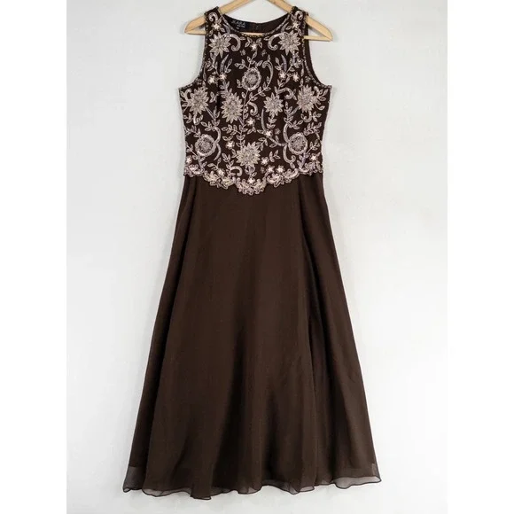 Dresses | Jkara Maxi Dress 1 Petite Brown Floral Beaded Bodice Formal  Wedding Occasion | Poshmark